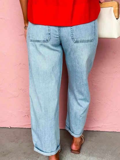 Drawstring Washed Relaxed Fit Boyfriend Jeans