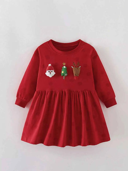 Children's Christmas Character Applique Long Sleeve Dress
