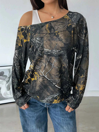 Asymmetrical Neck Printed Long Sleeve Top