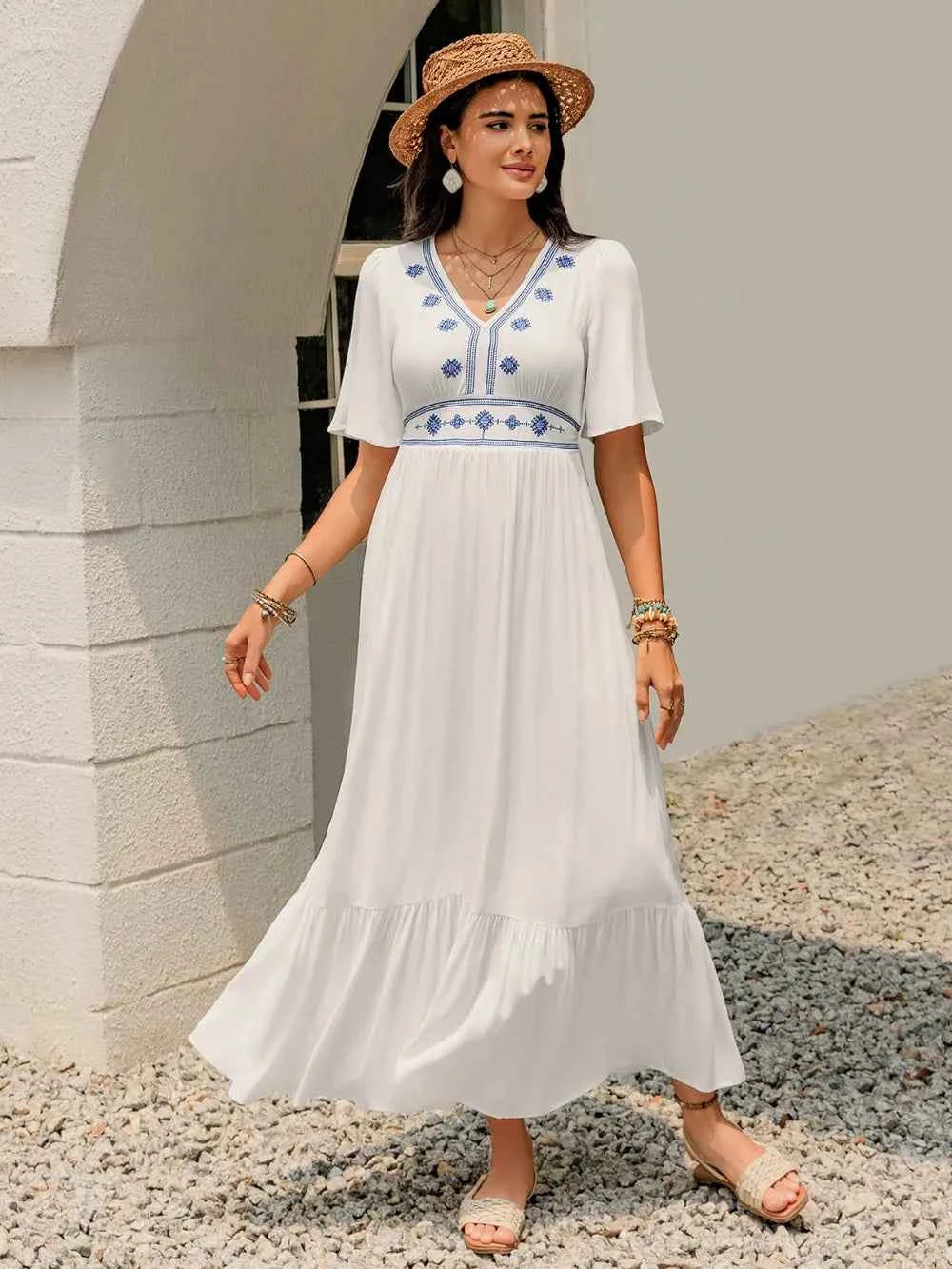 Ruffled Hem V-Neck Flutter Sleeve Dress