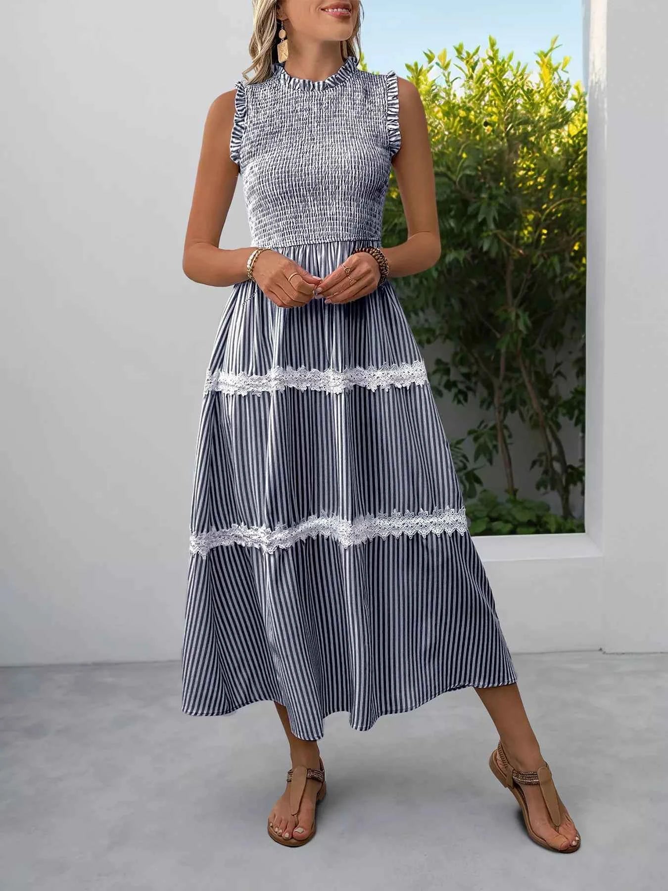 Smocked Striped Lace Trim Sleeveless Midi Dress