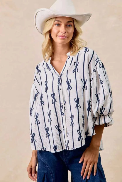 BiBi Bow Ribbon Printed Woven Bubble Sleeves Top