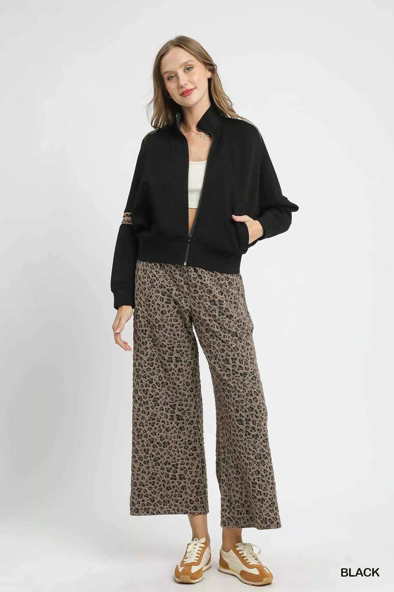 Umgee Zipper Up Cropped Jacket with Leopard Trim