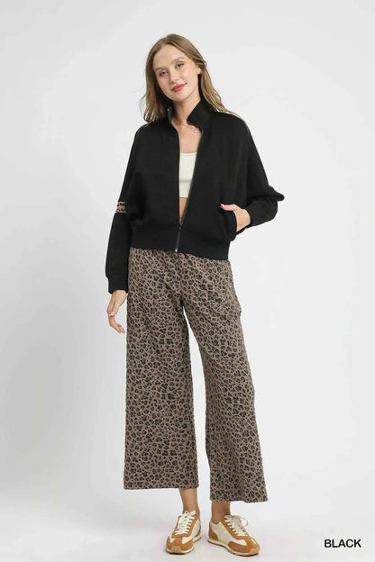 Umgee Zipper Up Cropped Jacket with Leopard Trim