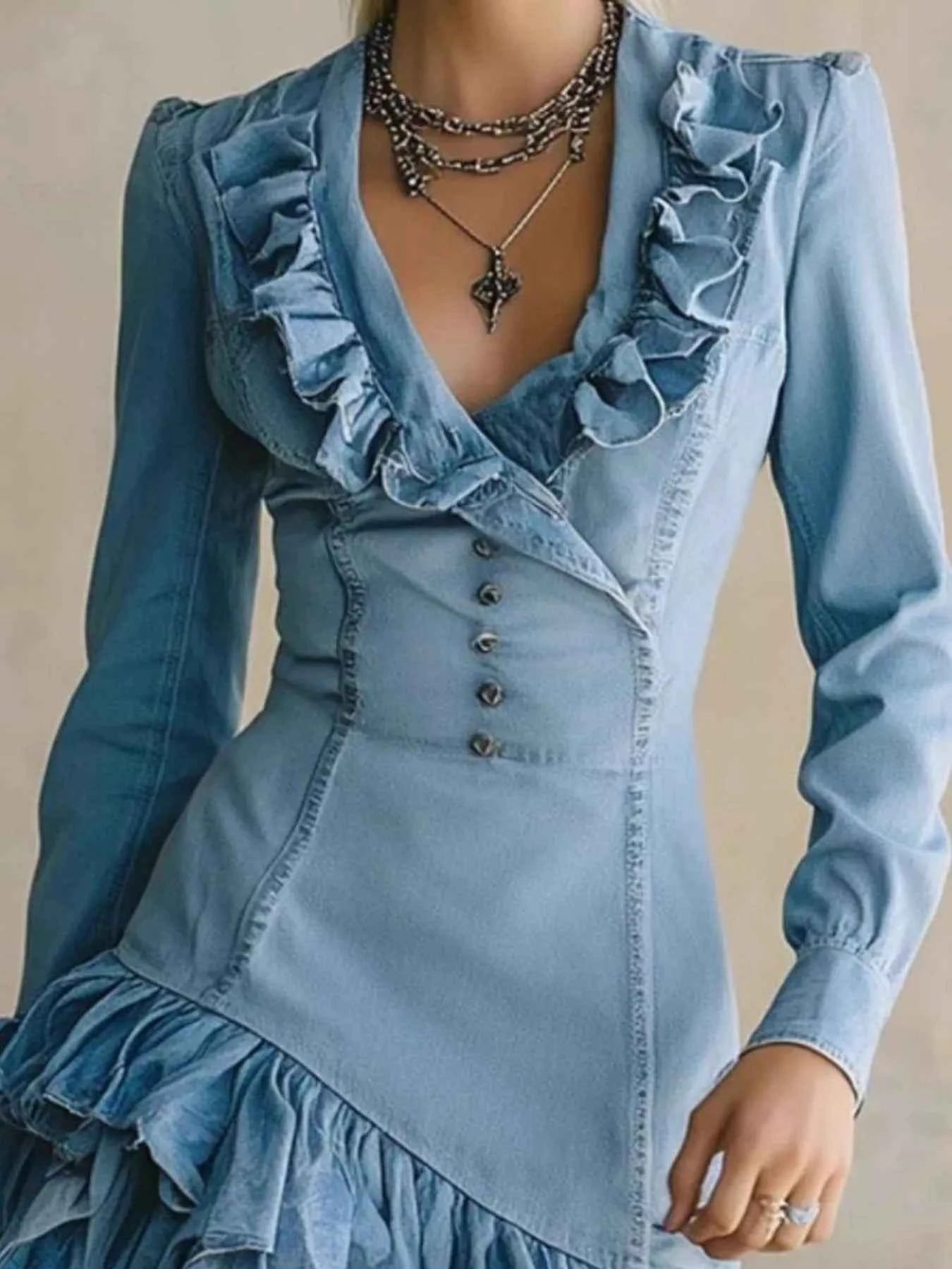 Full Size Ruffled High-Low Denim Dress Plus Size