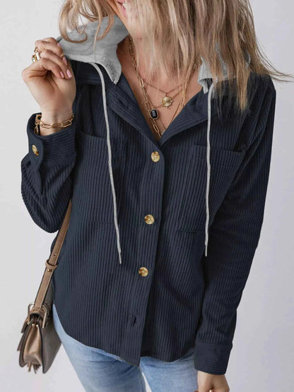 Plus Size Casual Corduroy Button-Down Hooded Jacket