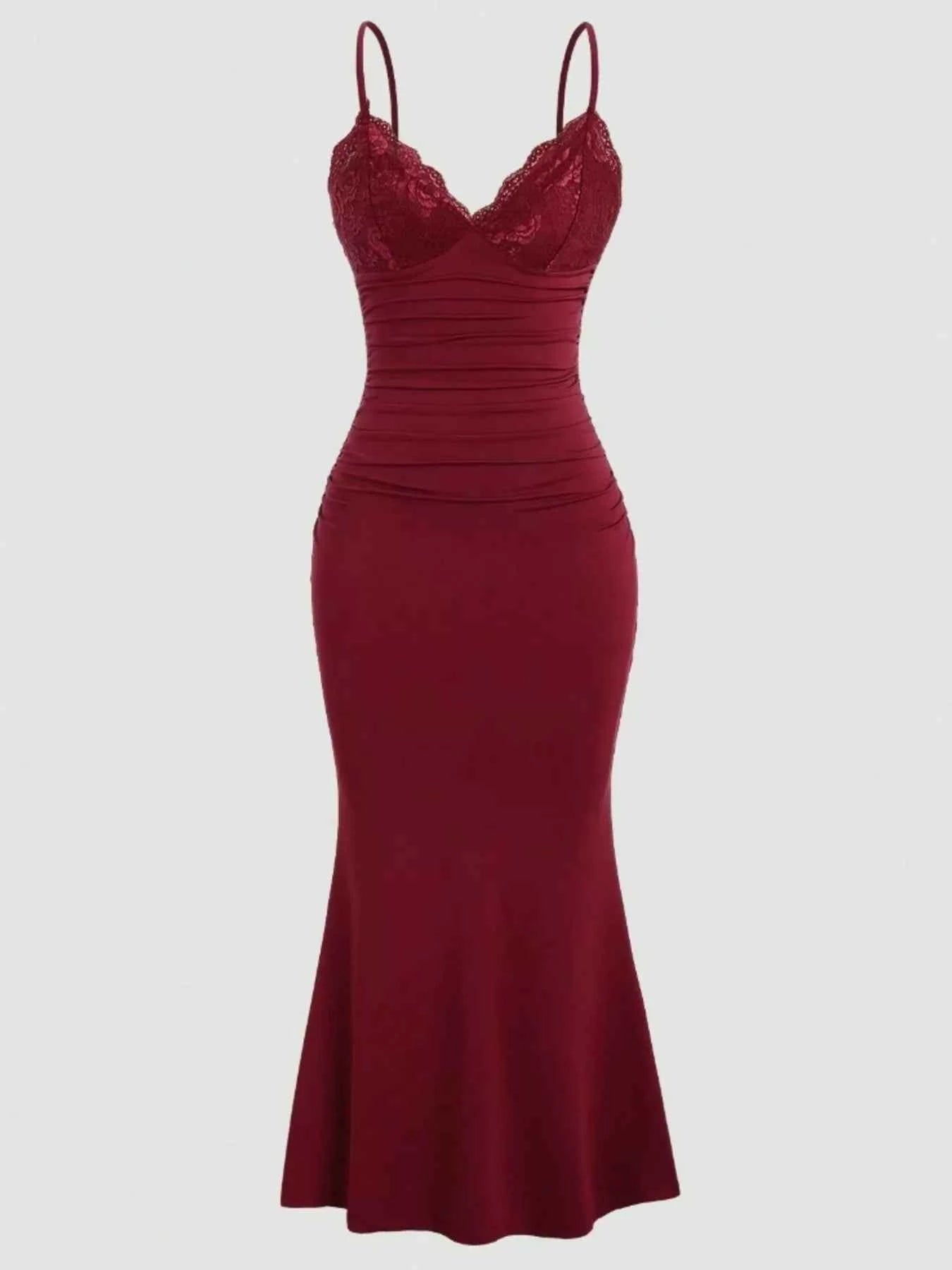 Lace Trim Ruched Mermaid Dress