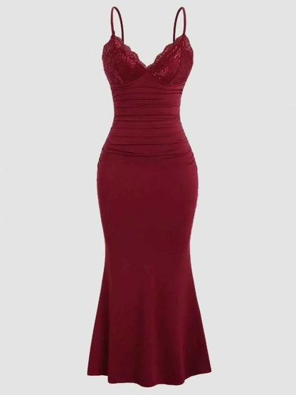 Lace Trim Ruched Mermaid Dress