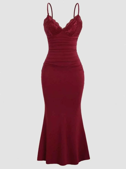 Lace Trim Ruched Mermaid Dress