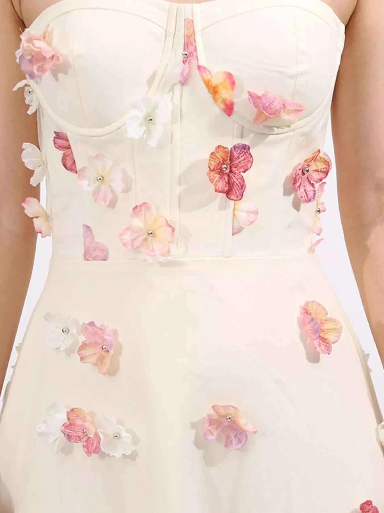 Floral Applique Strapless Tulle Maxi Dress