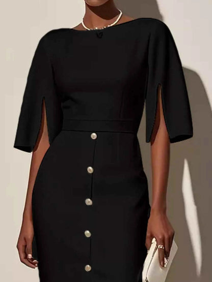 Slit Sleeve Midi Dress with Decorative Button
