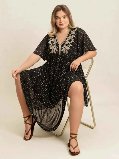 Plus Size Printed V-Neck Flutter Sleeve Maxi Dress