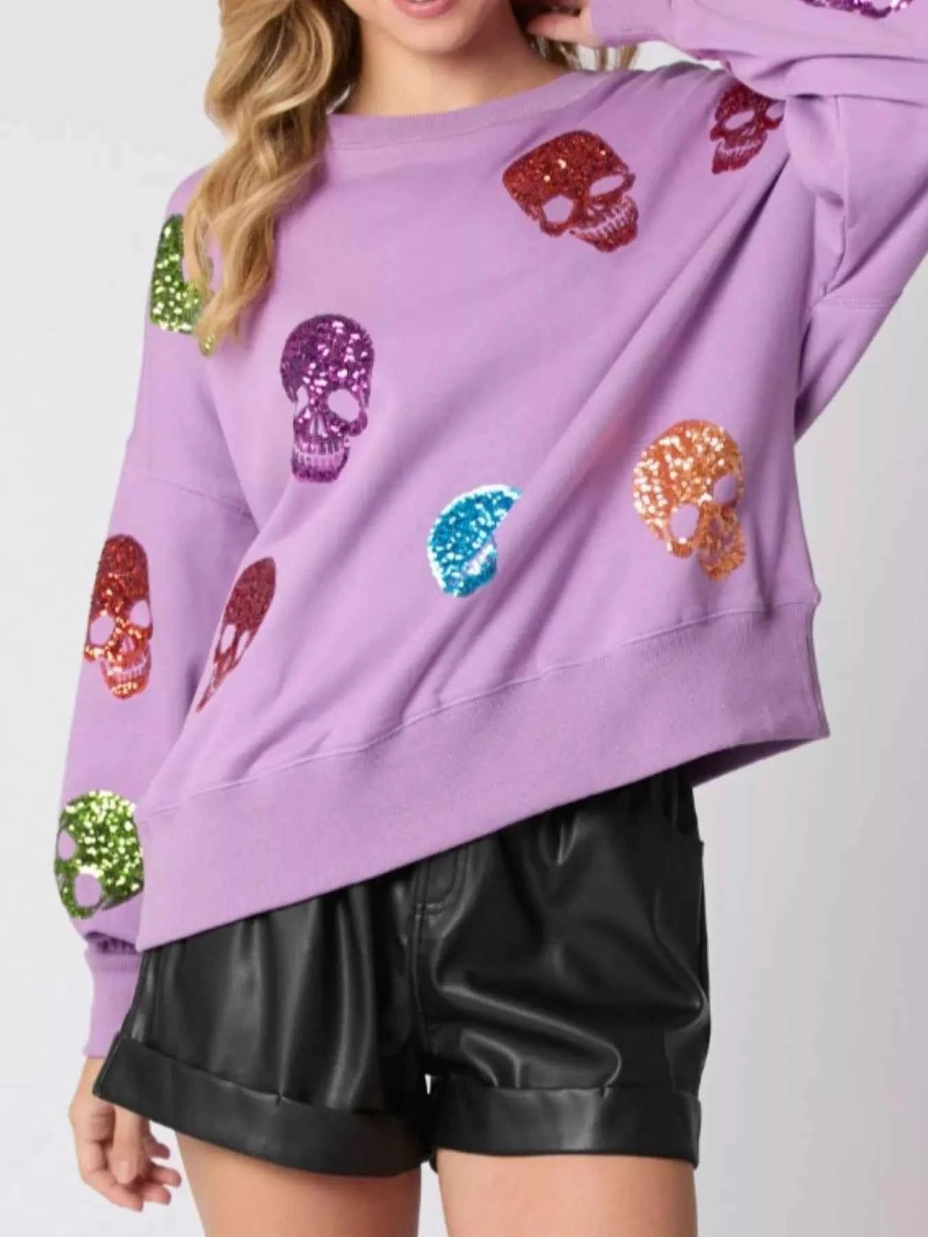Halloween Colorful Skull Sequin Oversized Sweatshirt