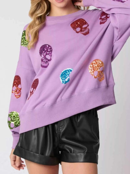 Halloween Colorful Skull Sequin Oversized Sweatshirt