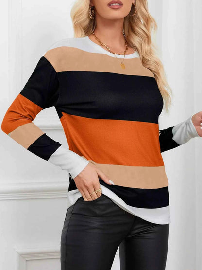 Leopard Color Block Striped Knit Top