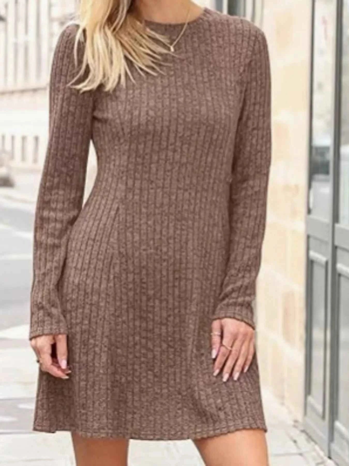 Ribbed Knit Long Sleeve A-Line Dress