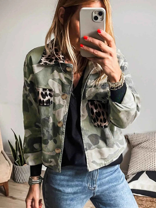 Camo Print Leopard Trim Button Up Jacket