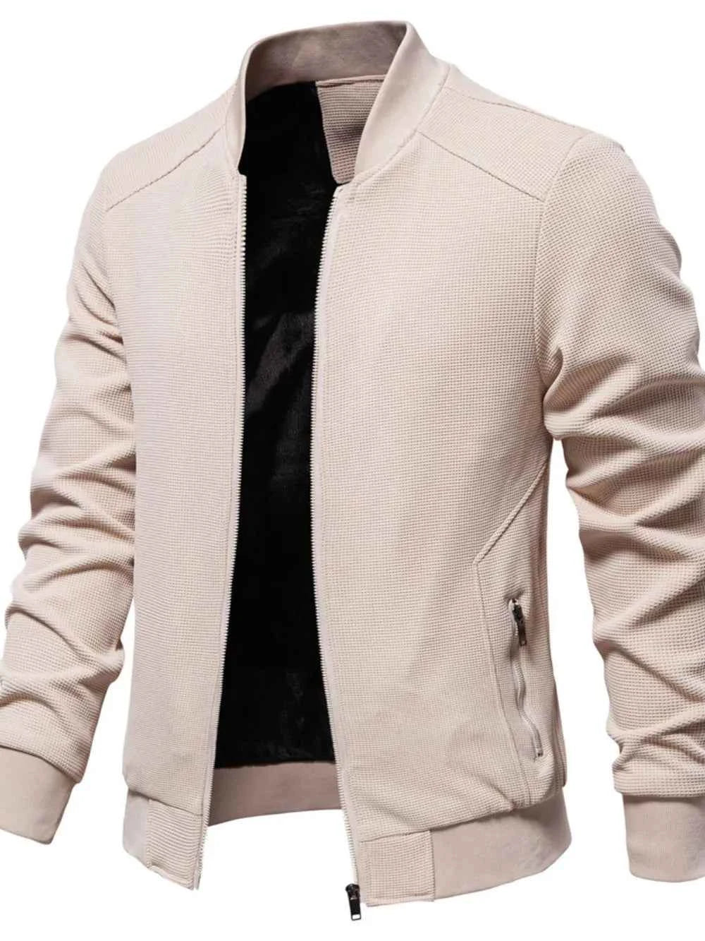 Men's Waffle Knit Baseball Collar Zip Up Jacket
