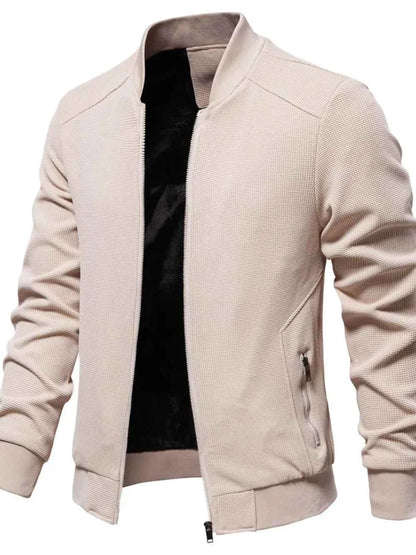 Men's Waffle Knit Baseball Collar Zip Up Jacket