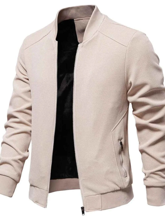 Men's Waffle Knit Baseball Collar Zip Up Jacket