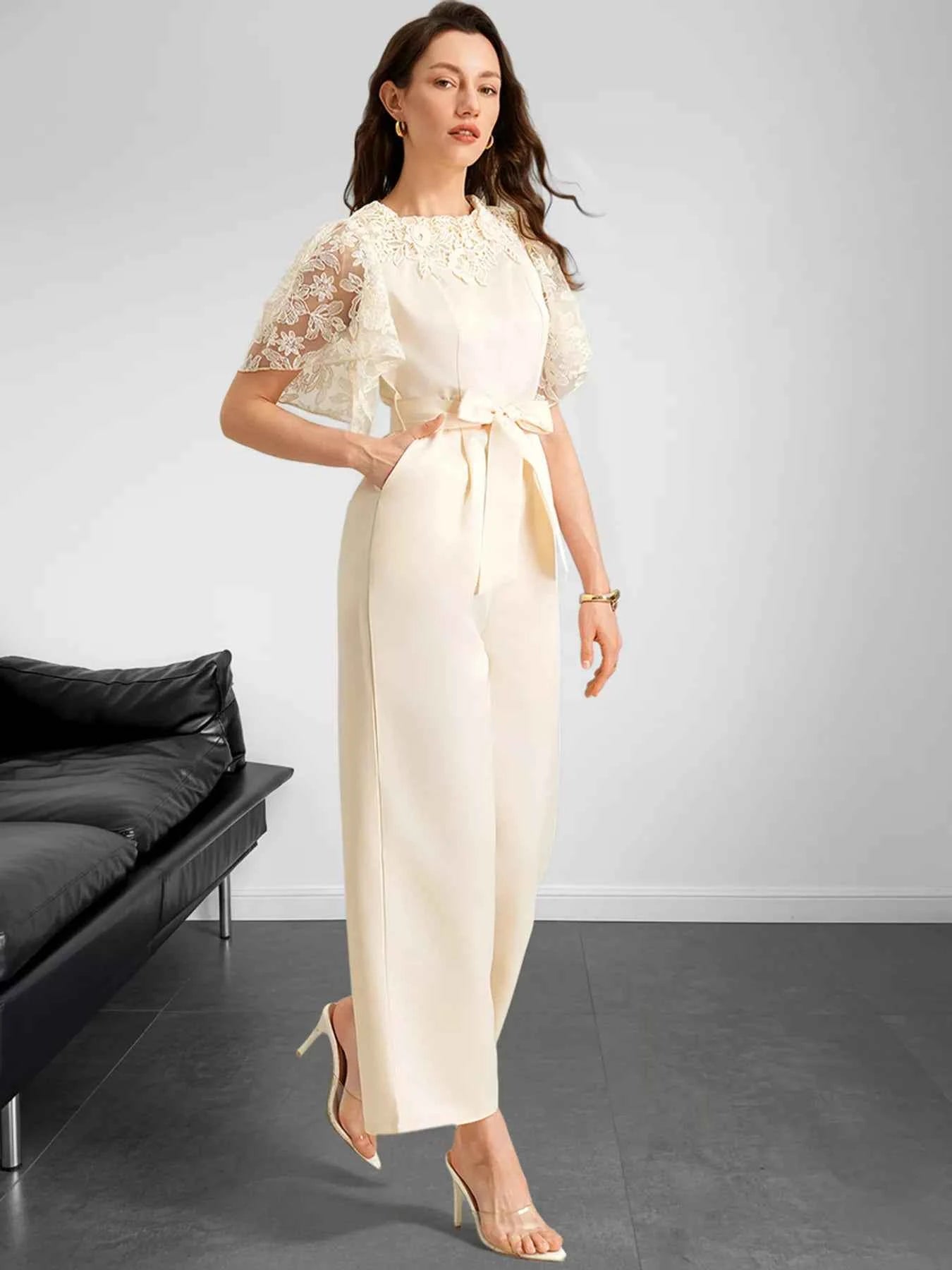 Lace Trim Belted Wide Leg Jumpsuit