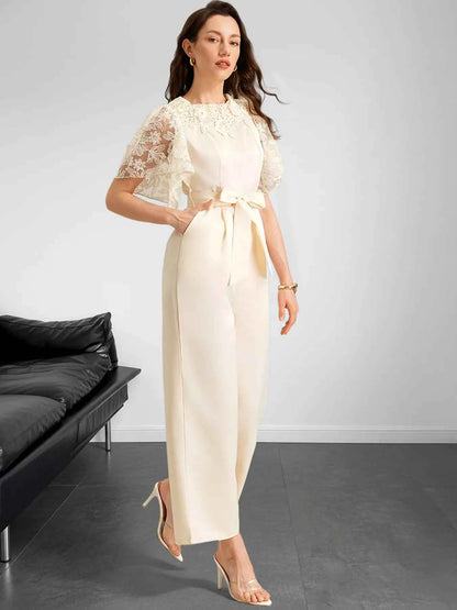 Lace Trim Belted Wide Leg Jumpsuit