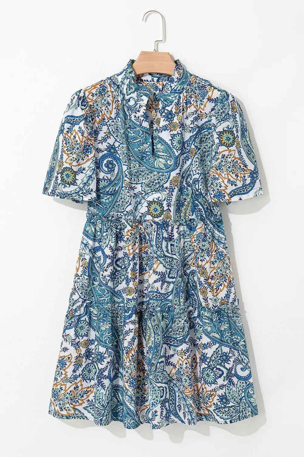 Paisley Floral V Neck Short Sleeve Mini Dress