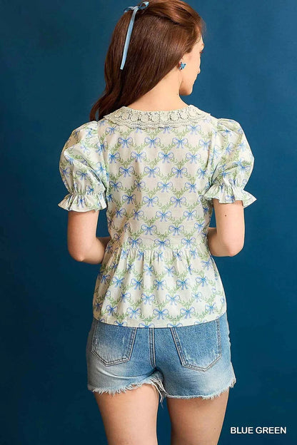 Umgee Lace Detail Bow Print Flounce Sleeve Blouse