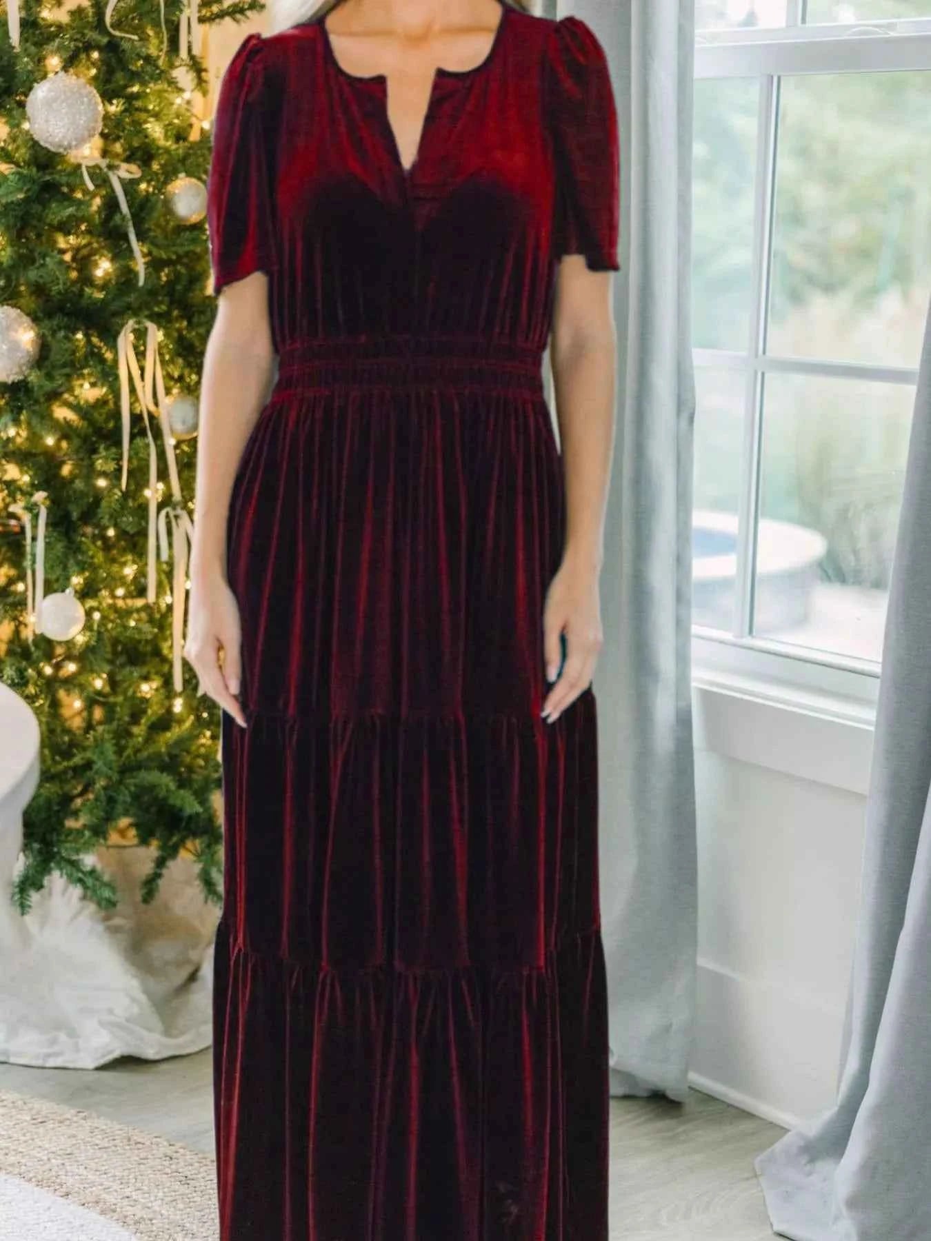 Velvet Tiered Short Sleeve Maxi Dress