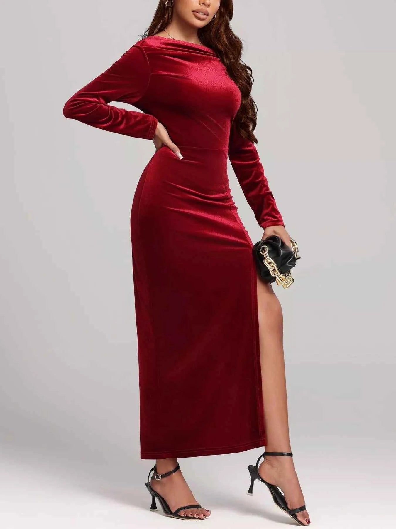 Ruched Velvet Long Sleeve Slit Dress
