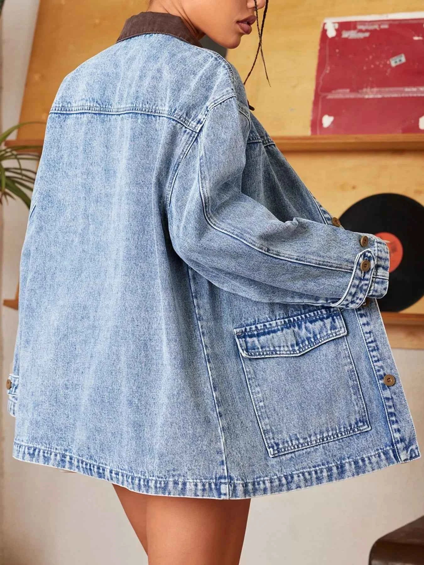 Vintage Wash Denim Jacket with Contrast Collar
