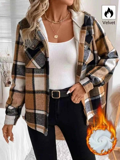 Hooded Plaid Button Up Jacket
