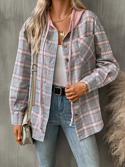 Plaid Button-Up Hooded Shirt with Chest Pocket