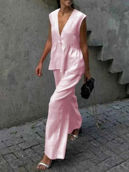 Button Down Peplum Vest and Pants Set