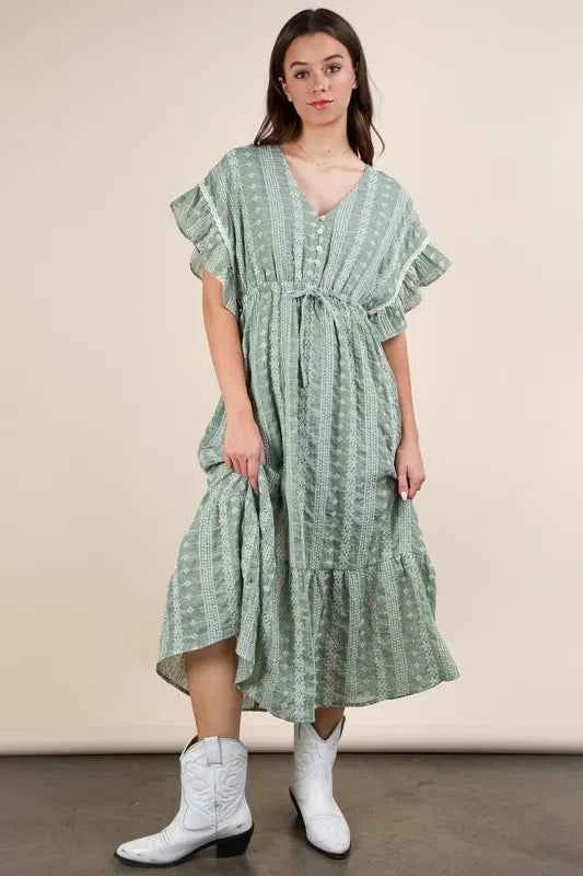 VERY J Embroidered Boho Ruffled Midi Dress