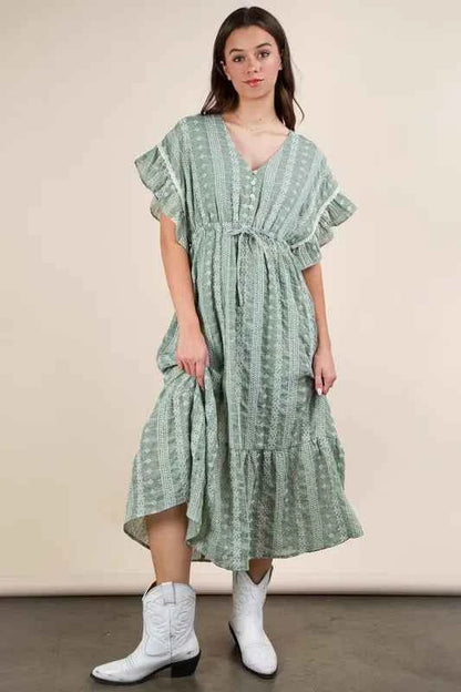 VERY J Embroidered Boho Ruffled Midi Dress