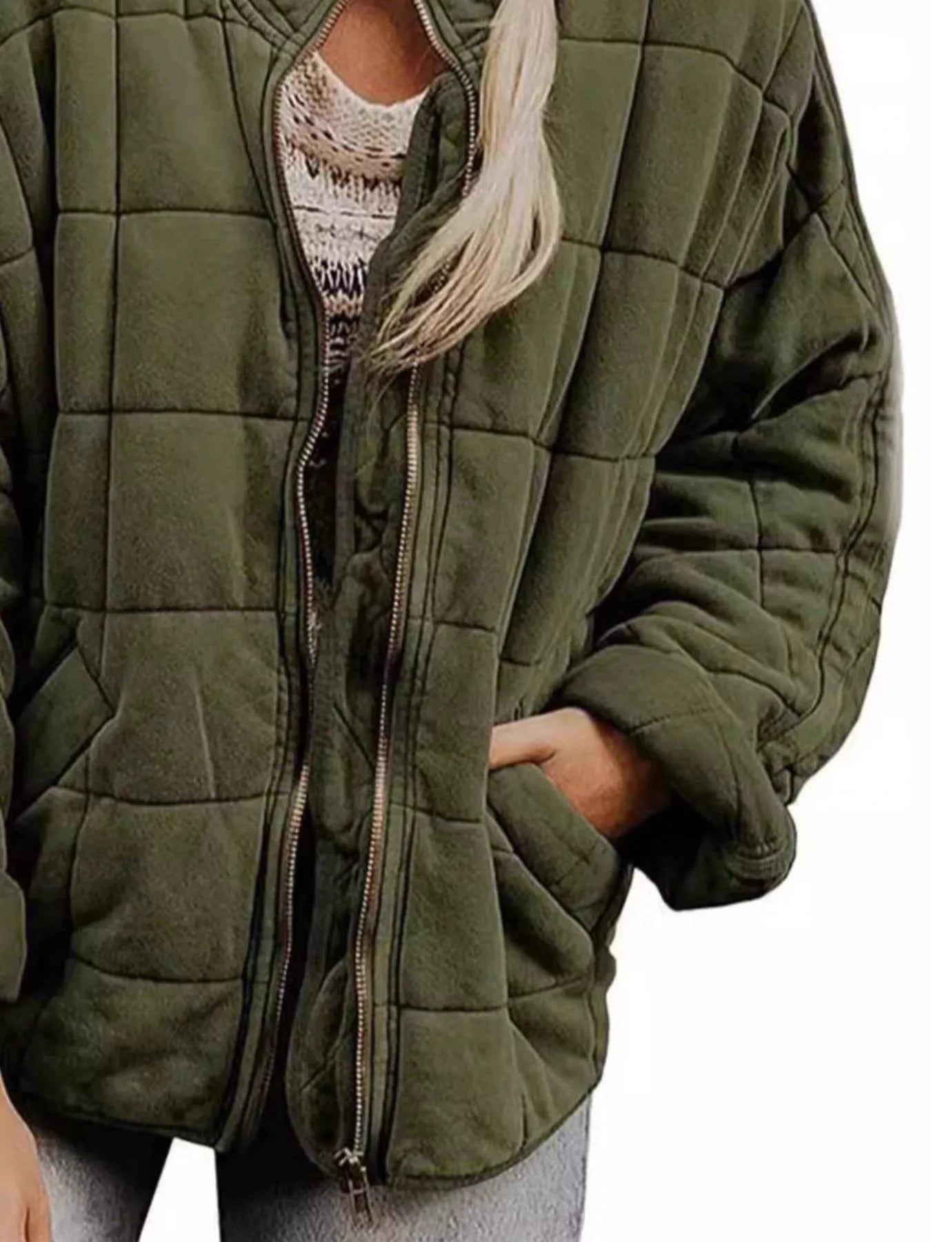 Full Size Zip Up Quilted Bomber Jacket Plus Size