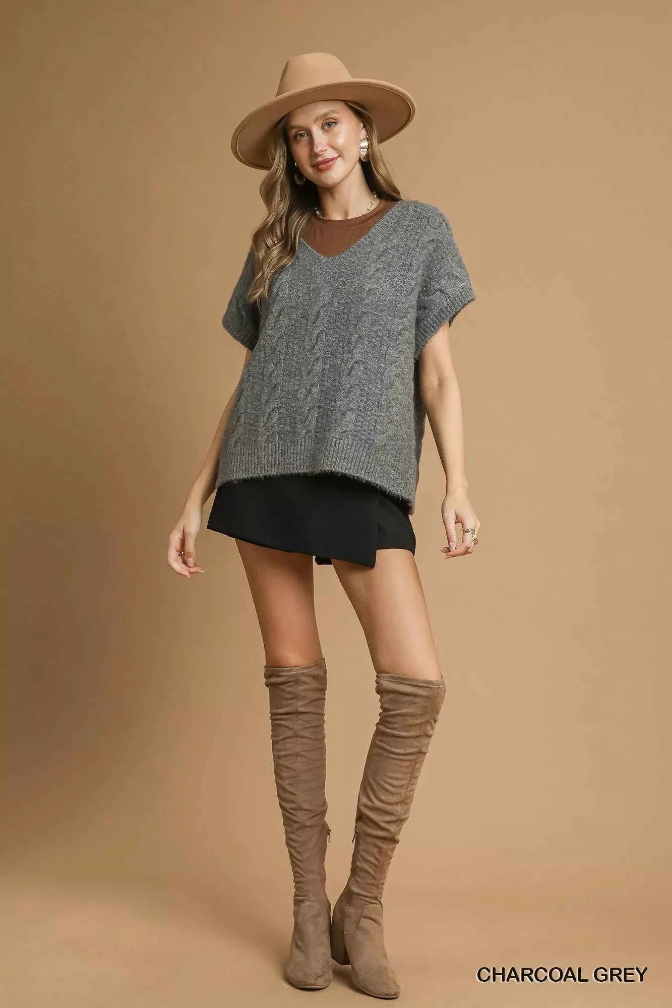 Umgee Cable-Knit V-Neck Sweater