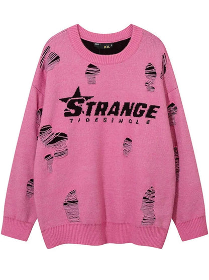 Men's Distressed Letter Round Neck Sweater