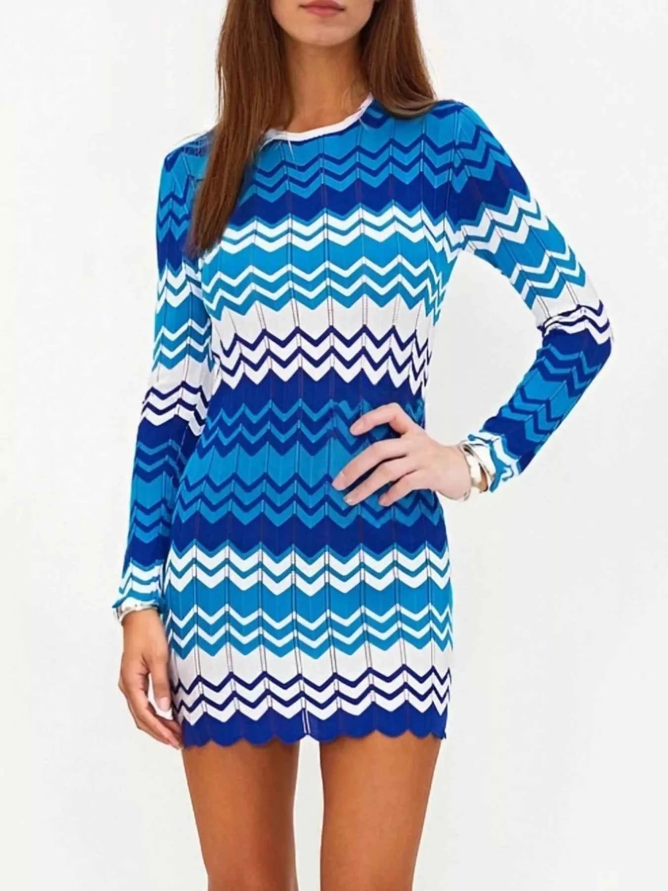 Openwork Wave Pattern Long Sleeve Sweater Dress