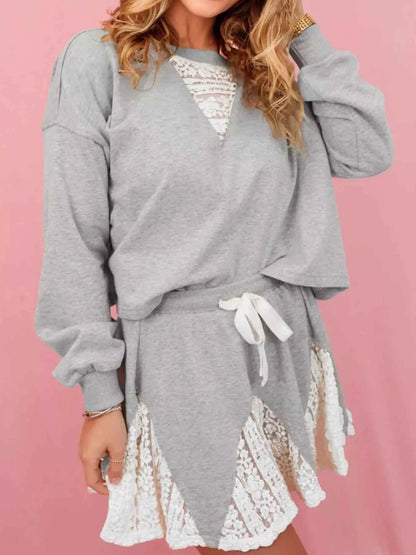 Lace Patchwork Drop Shoulder Top and Drawstring Skort 2pcs Outfit
