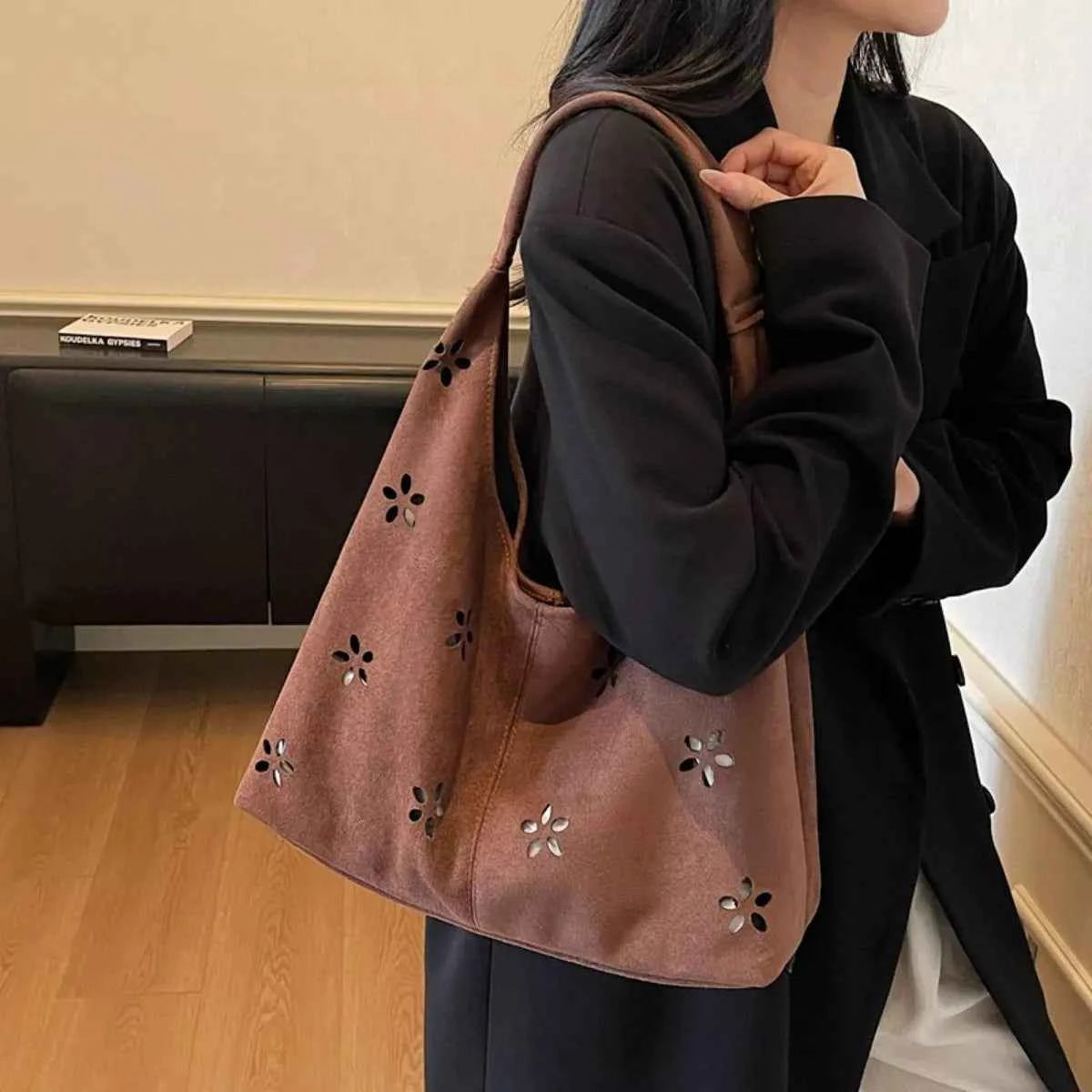 Floral Cutout Corduroy Shoulder Bag