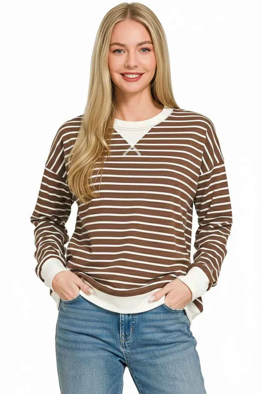 Zenana Contrast Striped Round Neck Sweatshirt