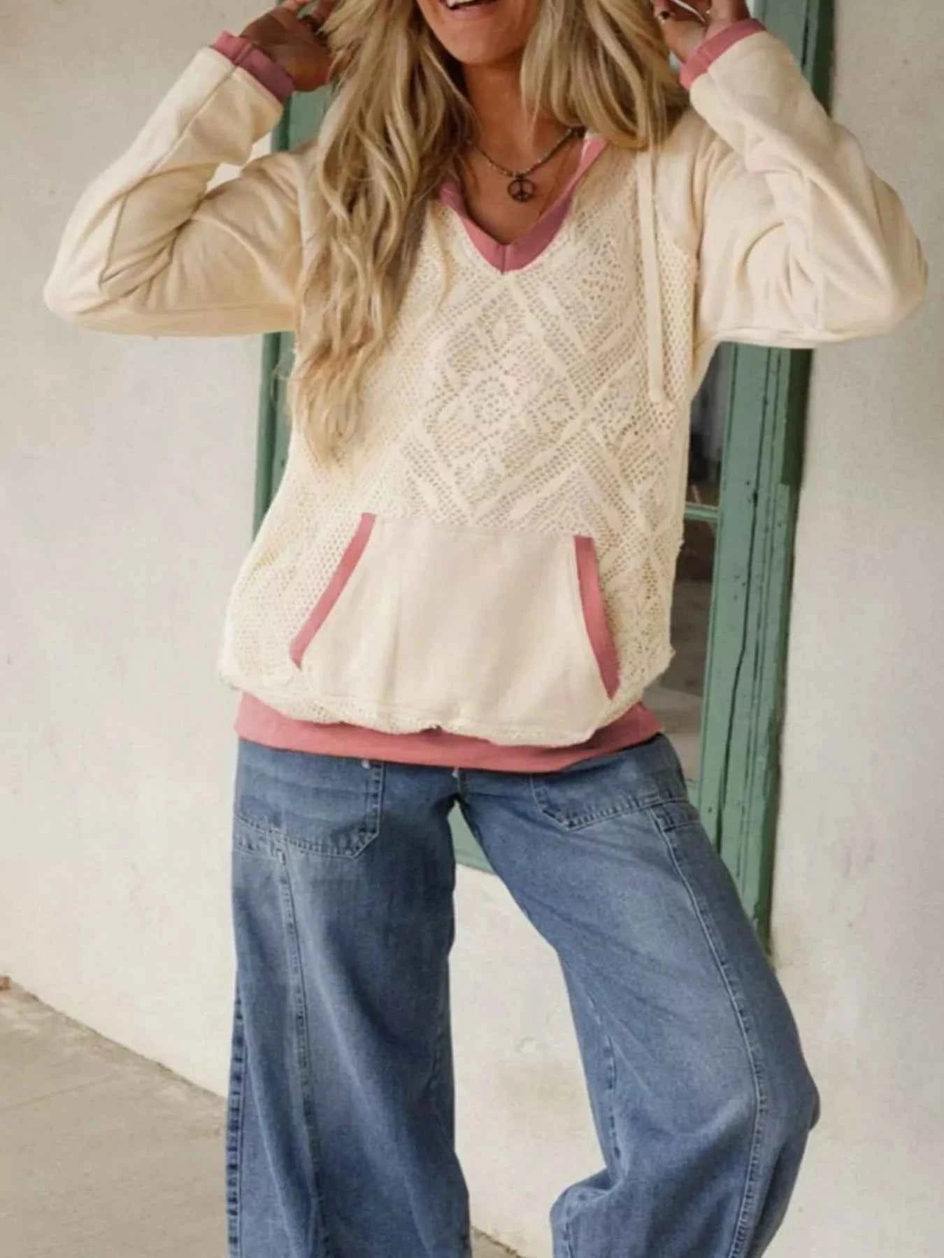 Crochet Panel Kangaroo Pocket Hoodie