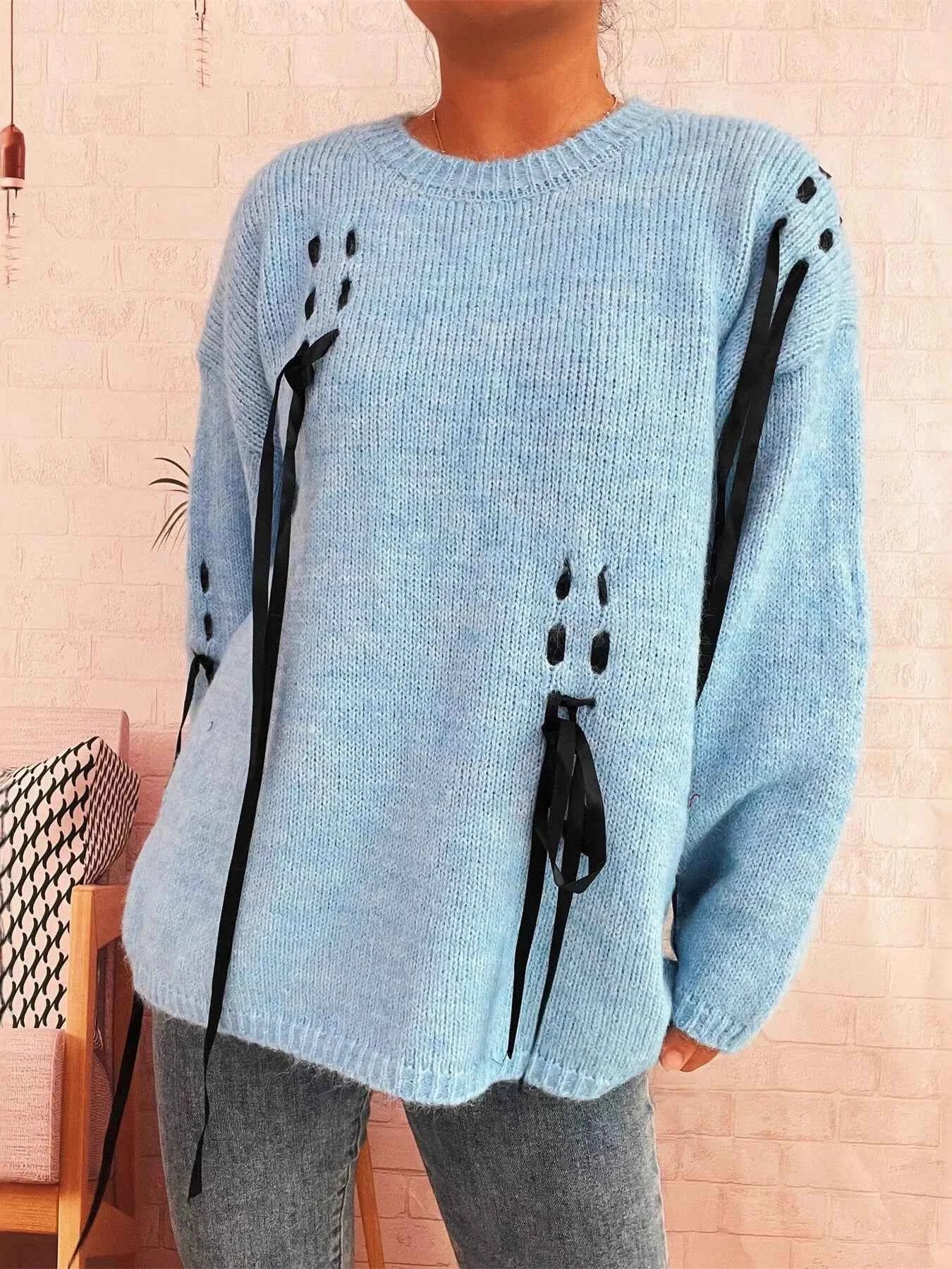 Round Neck Long Sleeve Sweater with Ribbon Details