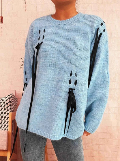 Round Neck Long Sleeve Sweater with Ribbon Details