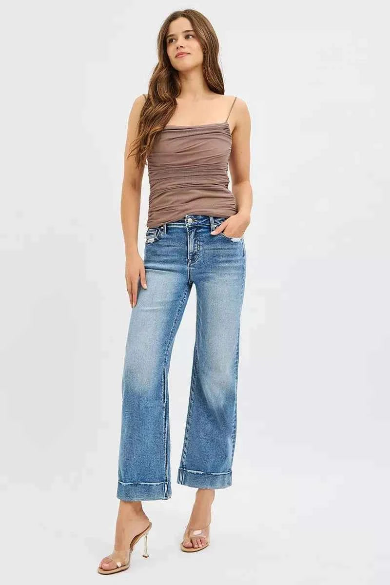 RISEN Full Size Mid Rise Crop Straight Jeans with Taylor Cuffed Plus Size