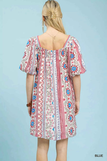 Umgee Mixed Print Puff Sleeve Mini Dress