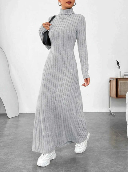 Ribbed Turtleneck Long Sleeve Maxi Knit Dress