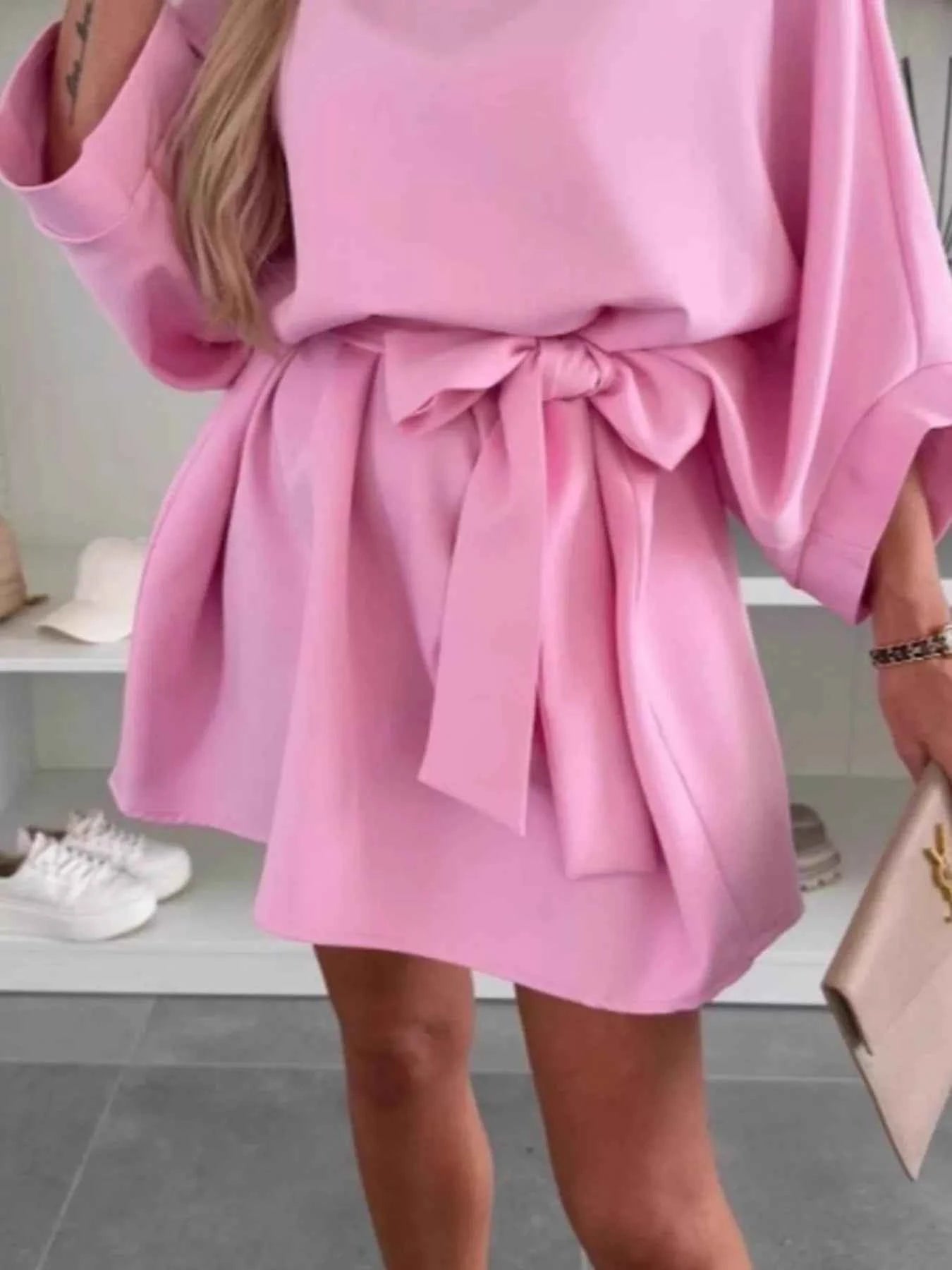 Batwing Sleeve Tie Waist Mini Dress